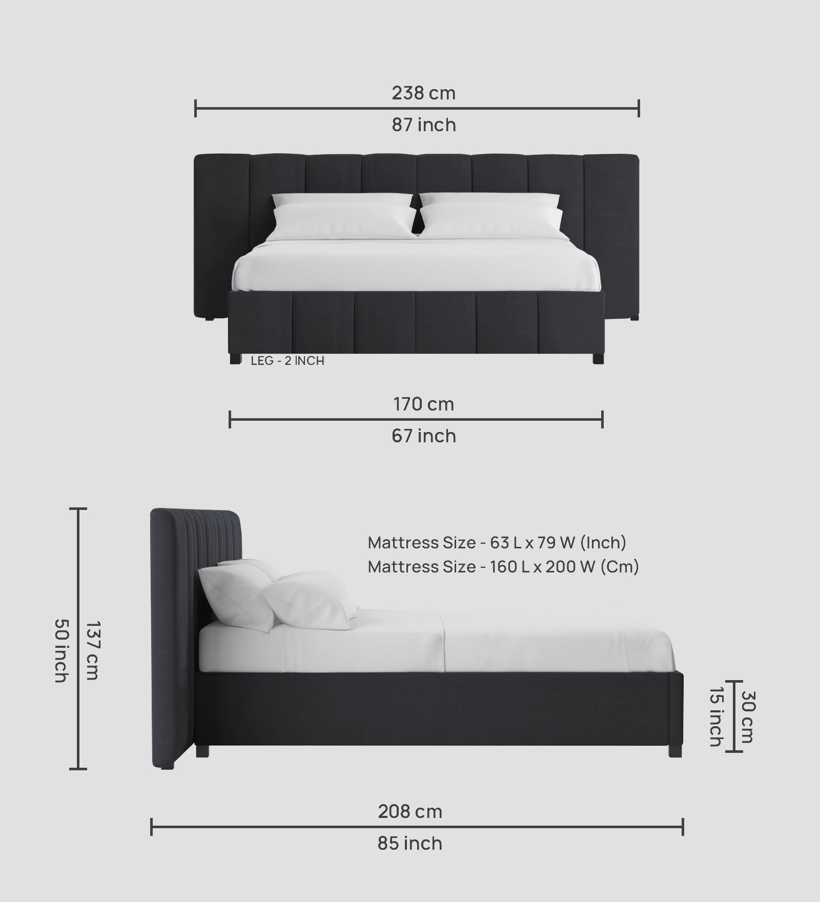 Nora Fabric Queen Size Bed In Charcoal Grey Colour With Box Storage - Febonic Living