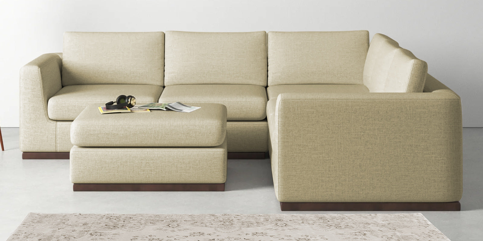 Freedom Velvet 6 Seater RHS Corner Sofa In Warm White Colour With Ottoman - Febonic Living