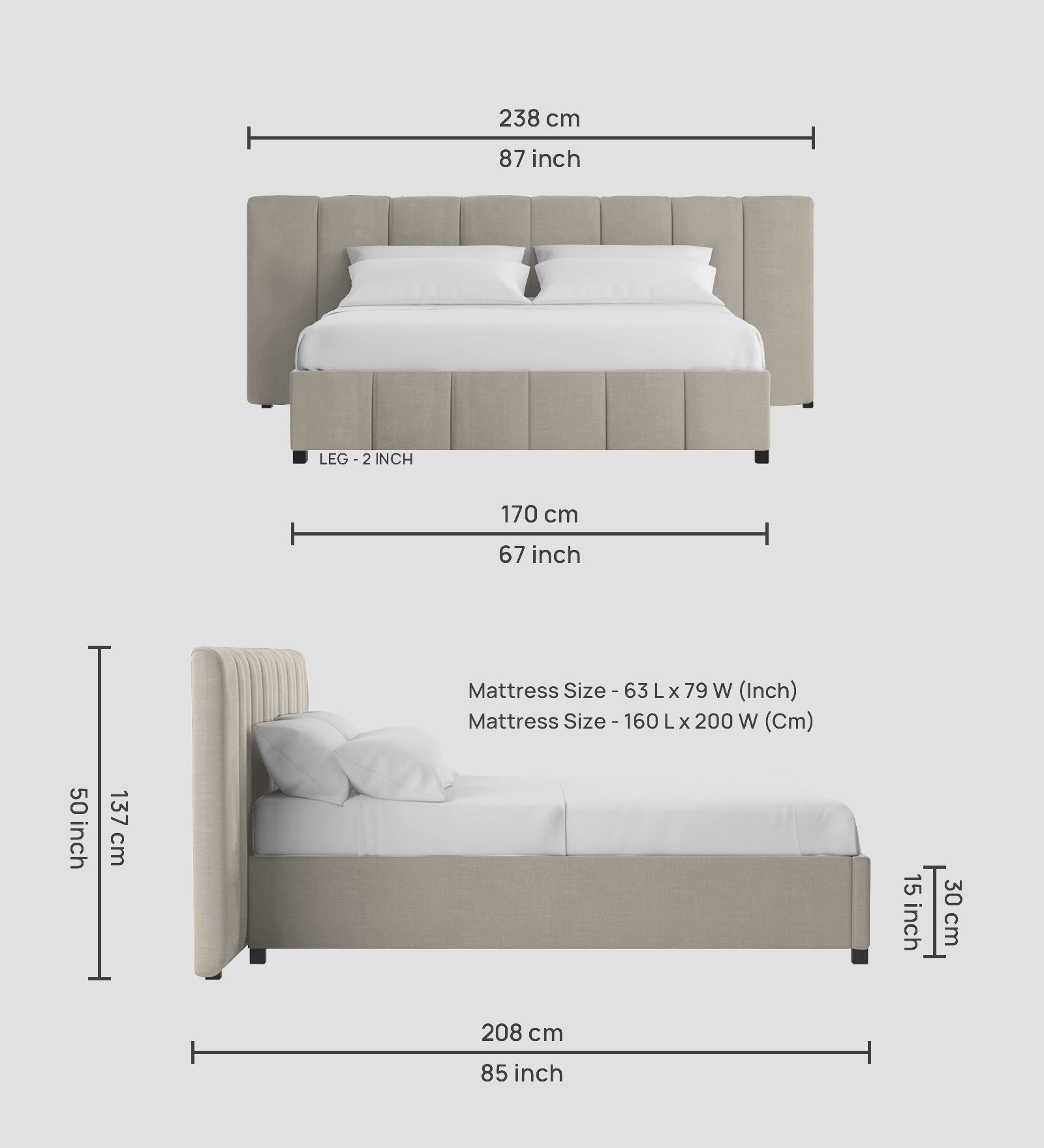 Nora Fabric Queen Size Bed In Ash Grey Colour With Box Storage