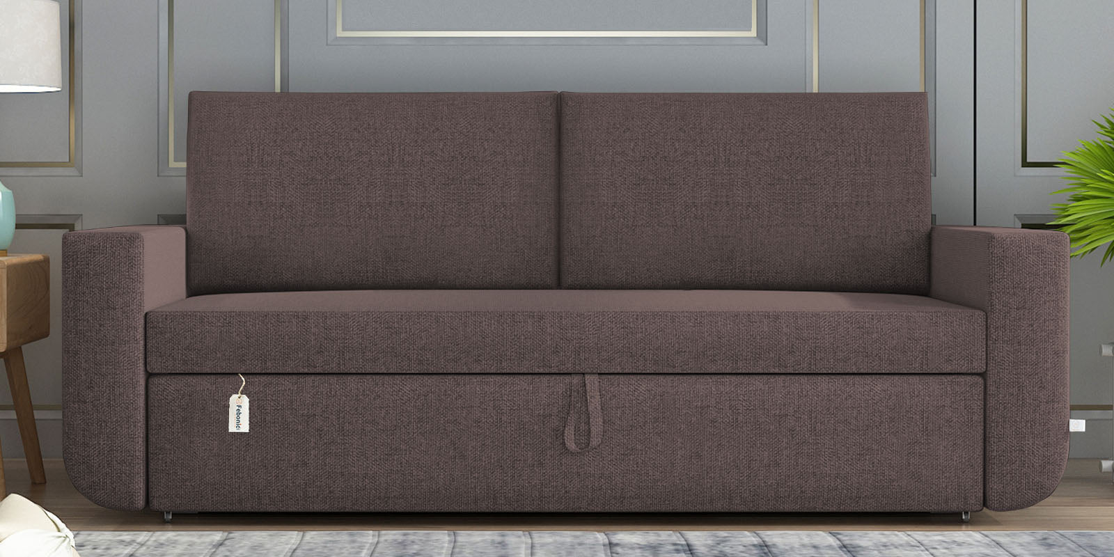 Grace Fabric 3 Seater Pull Out Sofa Cum Bed In Caspa Brown Colour With Storage - Febonic Living