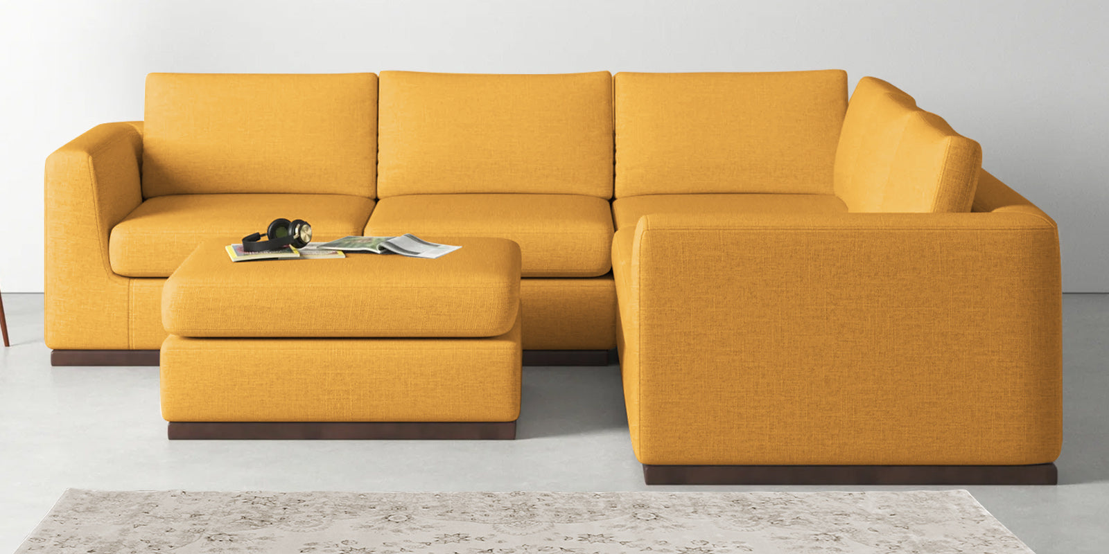Freedom Velvet 6 Seater RHS Corner Sofa In Turmeric Yellow Colour With Ottoman - Febonic Living