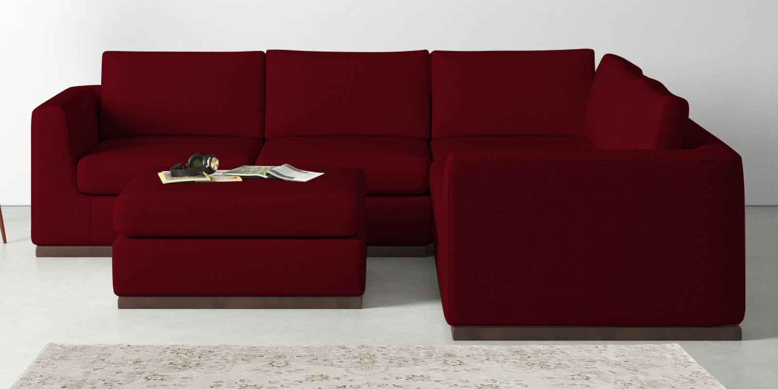 Freedom Velvet 6 Seater RHS Corner Sofa In Cherry Red Colour With Ottoman - Febonic Living