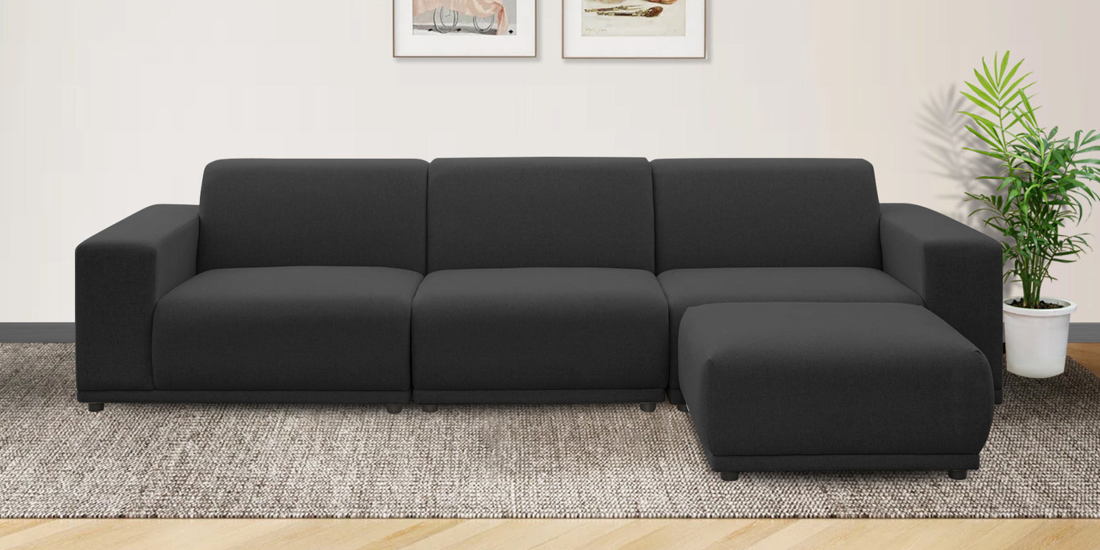 Adam Fabric RHS Sectional Sofa (3+Ottoman Lounger) In Charcoal Grey Colour - Febonic Living