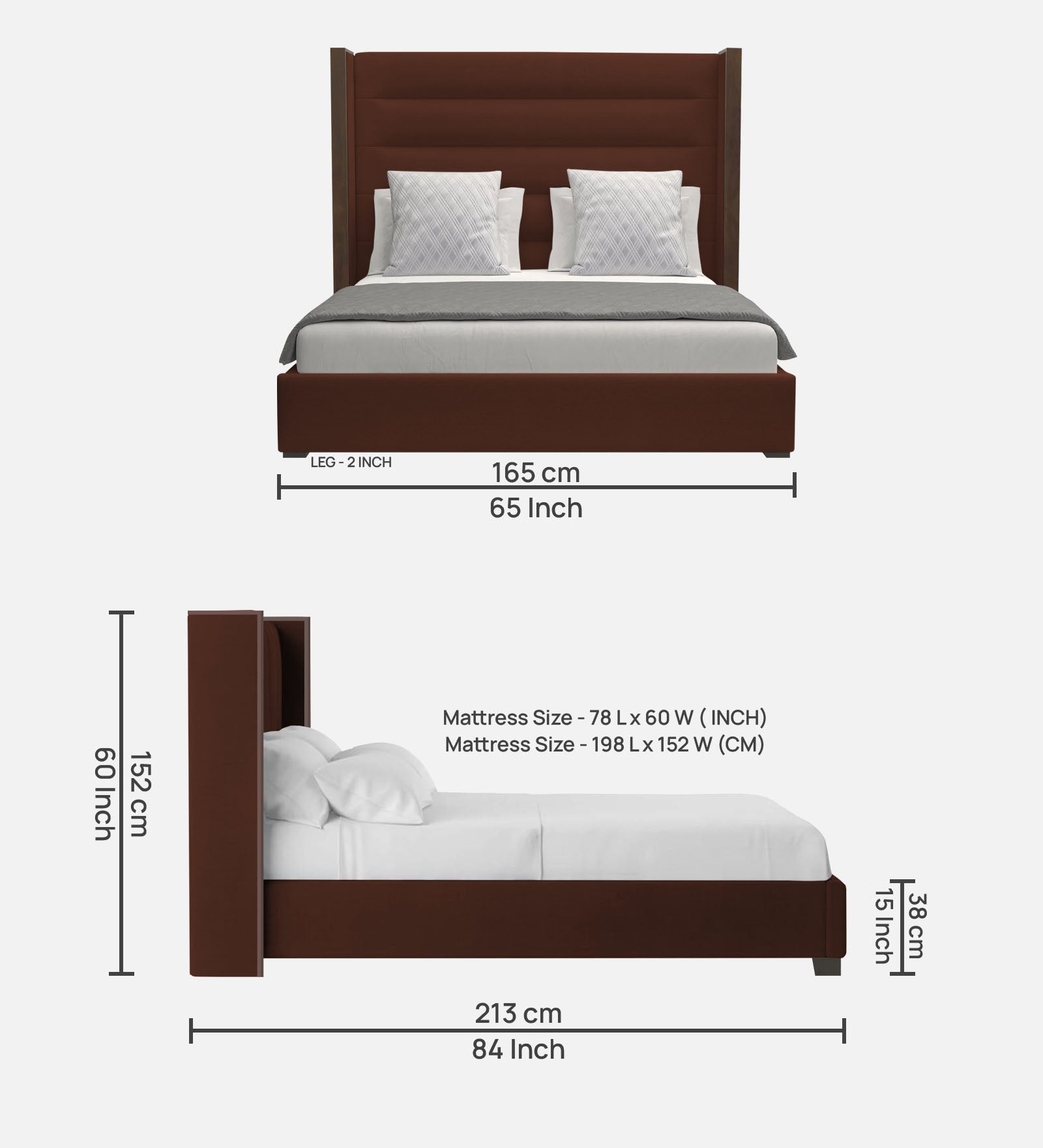 Sunny Fabric Queen Size Bed In Coffee Brown Colour - Febonic Living
