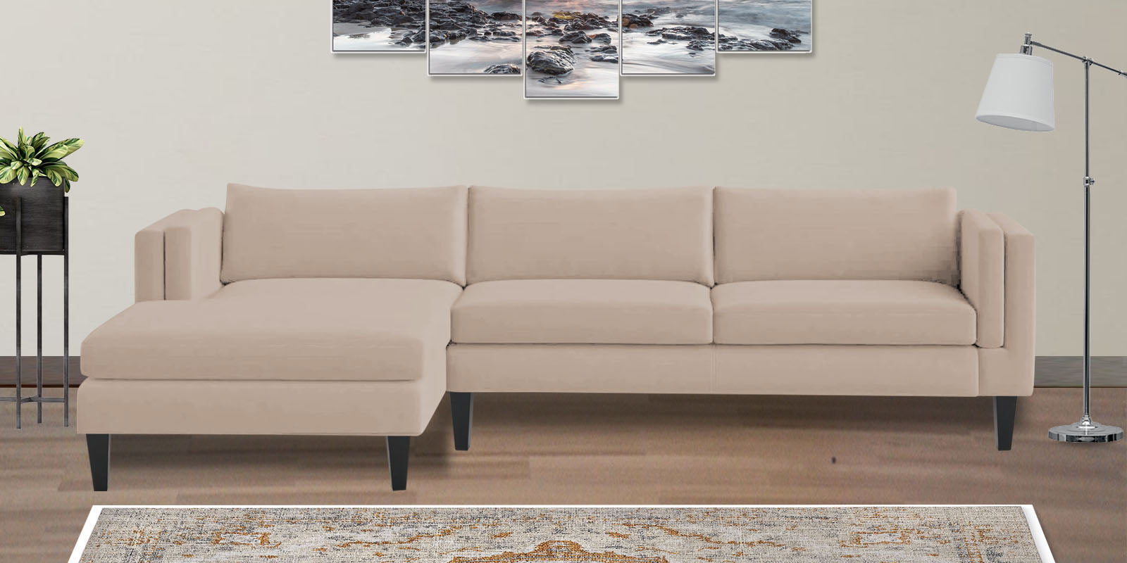 Jasper Velvet RHS Sectional Sofa (3+Lounger) In Camel Beige Colour - Febonic Living
