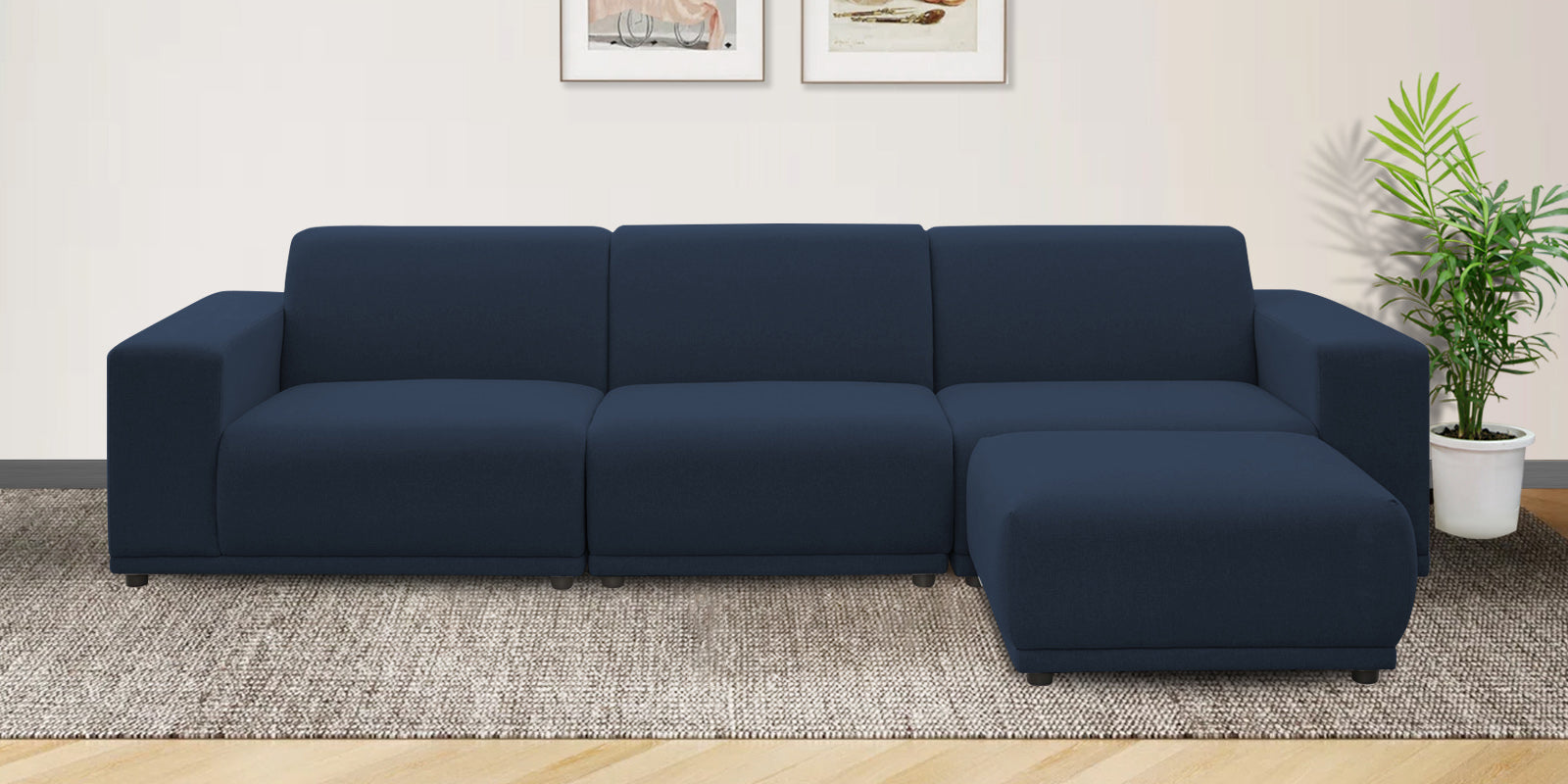 Adam Fabric RHS Sectional Sofa (3+Ottoman Lounger) In Denim Blue Colour - Febonic Living