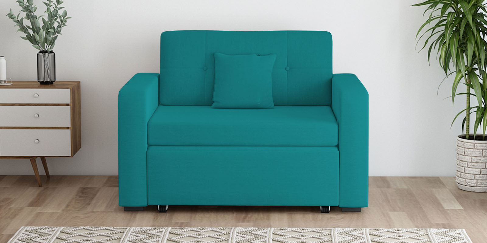Rocky Fabric 2 Seater Pull Out Sofa Cum Bed In Sea Green Colour With Storage - Febonic Living