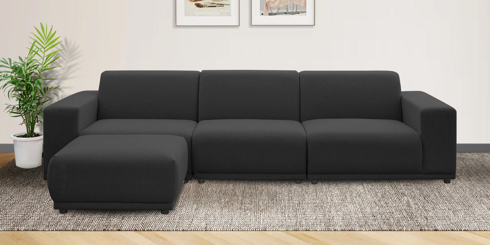 Adam Fabric LHS Sectional Sofa (3+Ottoman Lounger) In Charcoal Grey Colour - Febonic Living