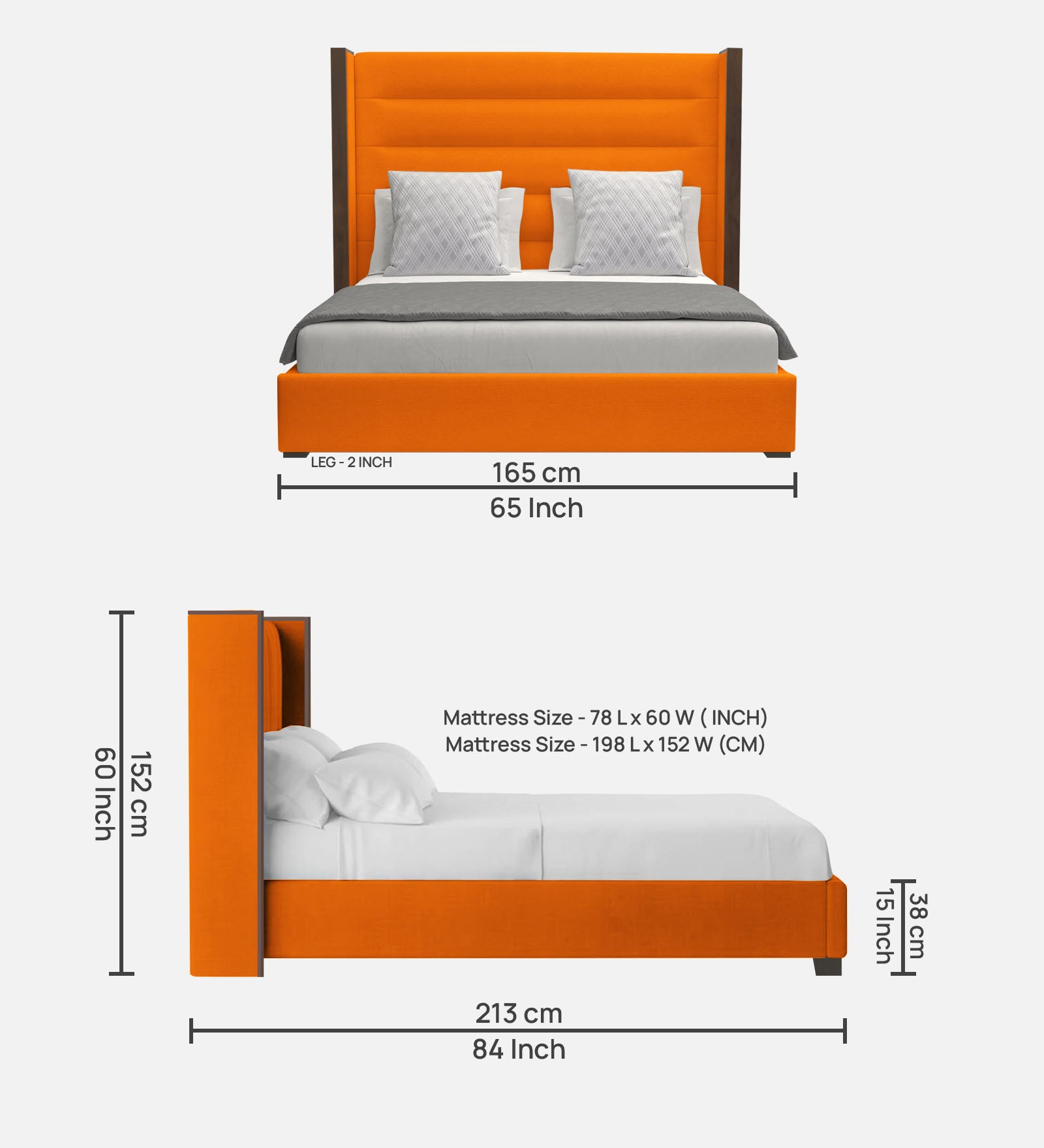 Sunny Fabric Queen Size Bed In Vivid Orange Colour - Febonic Living