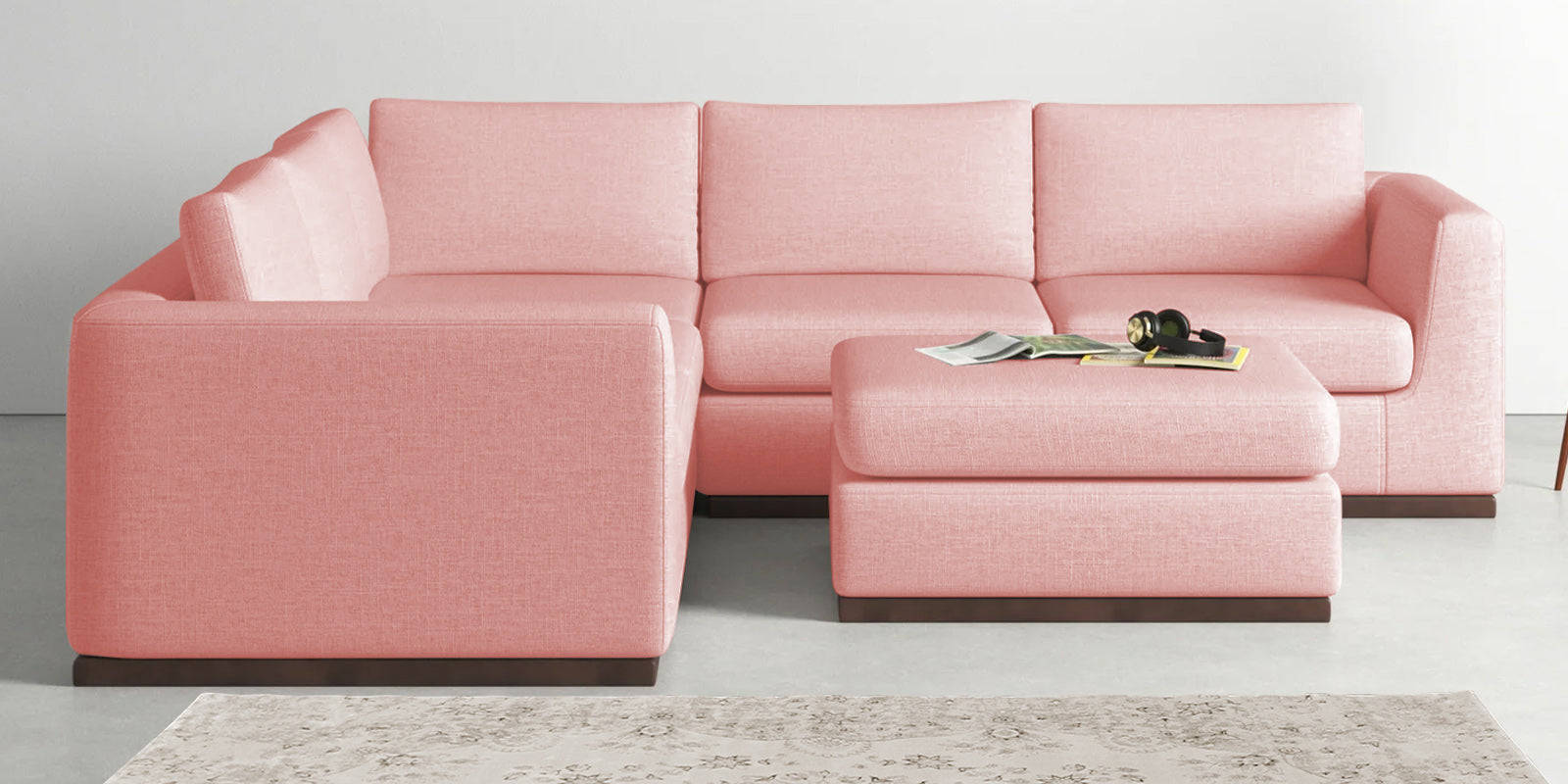 Freedom Velvet 6 Seater LHS Corner Sofa In Millennial Pink Colour With Ottoman - Febonic Living