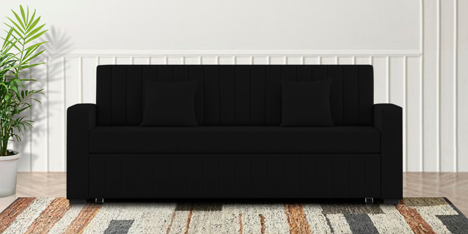 Calra Fabric 3 Seater Pull Out Sofa Cum Bed In Zed Black Colour With Storage - Febonic Living