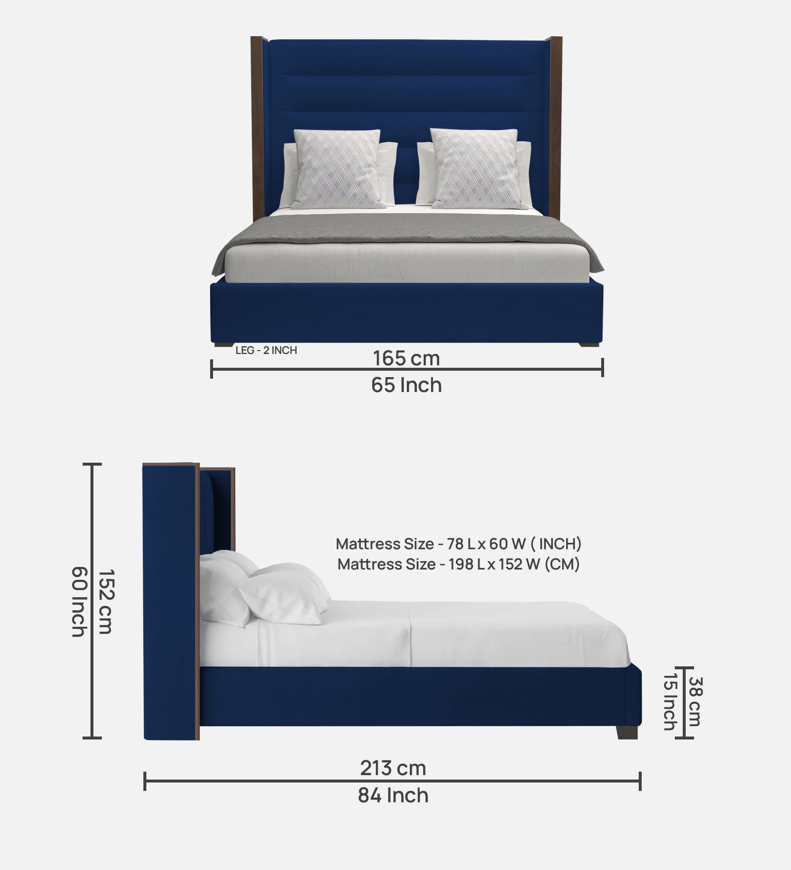 Sunny Fabric Queen Size Bed In Royal Blue Colour - Febonic Living