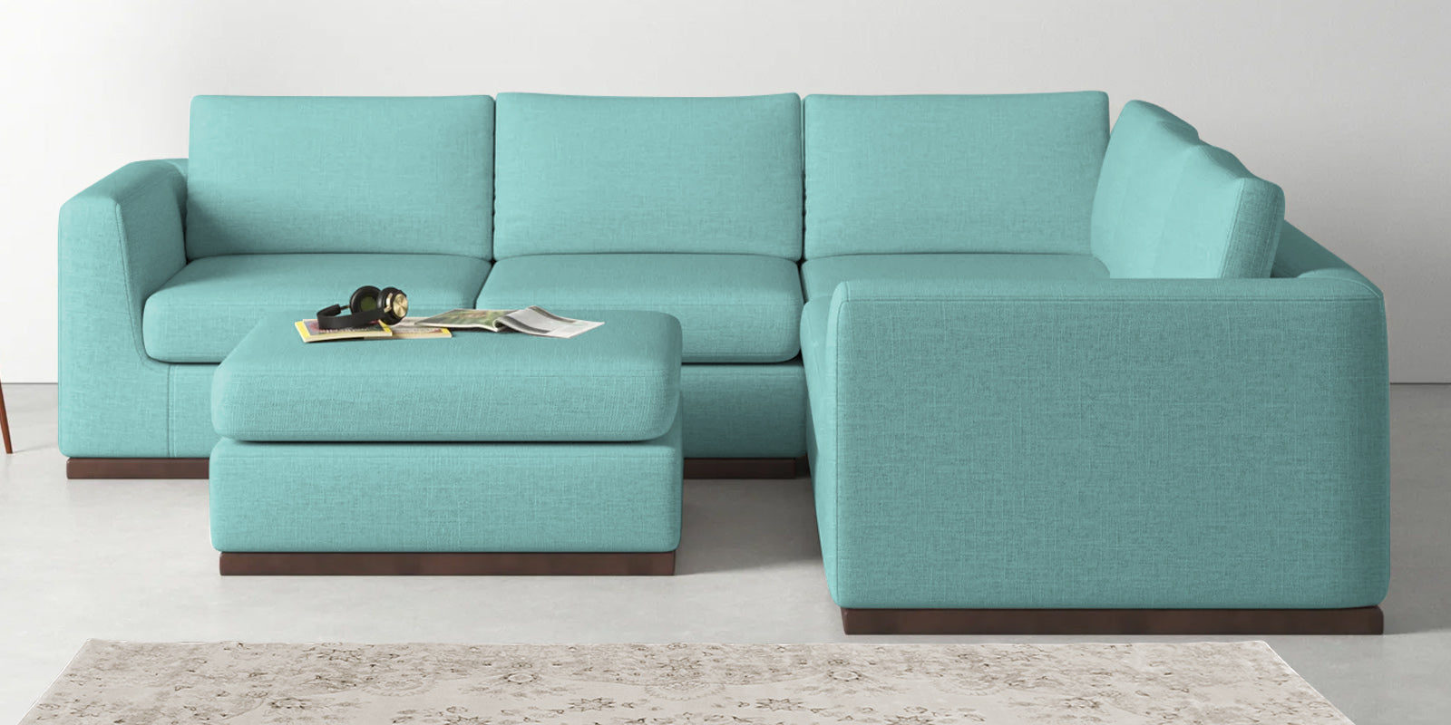 Freedom Velvet 6 Seater RHS Corner Sofa In Barmunda Aqua Colour With Ottoman - Febonic Living