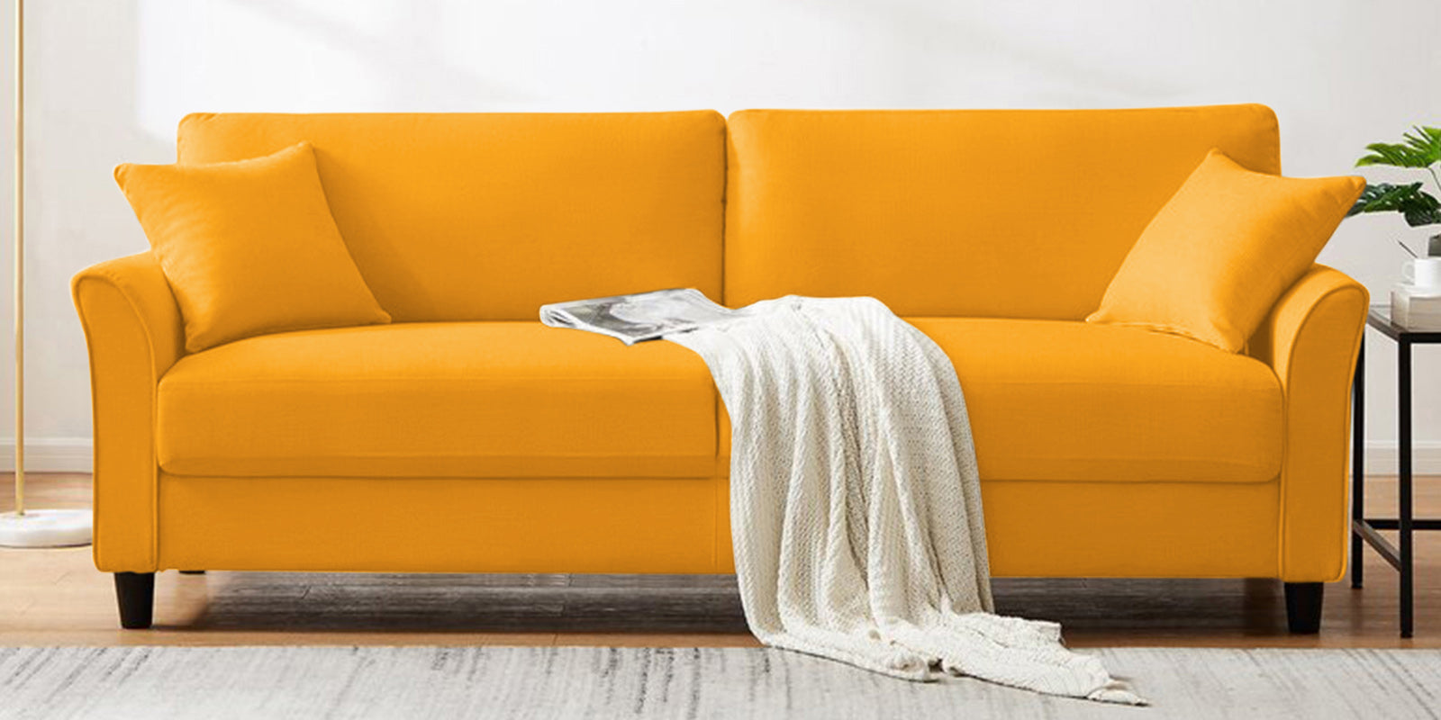 Daroo Velvet 3 Seater Sofa In Safforn Yellow Colour - Febonic Living