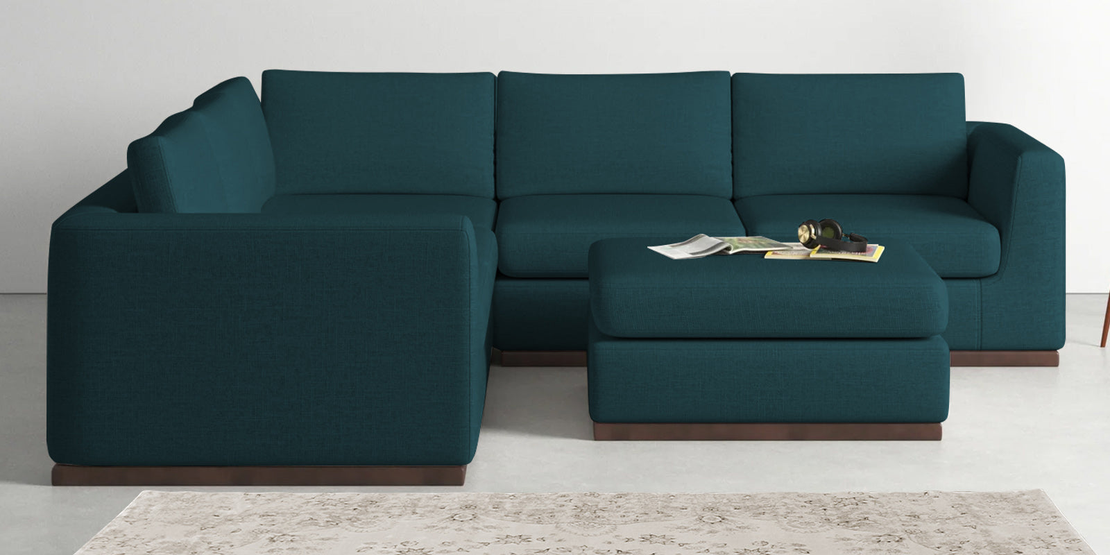 Freedom Velvet 6 Seater LHS Corner Sofa In Arabian Green Colour With Ottoman - Febonic Living
