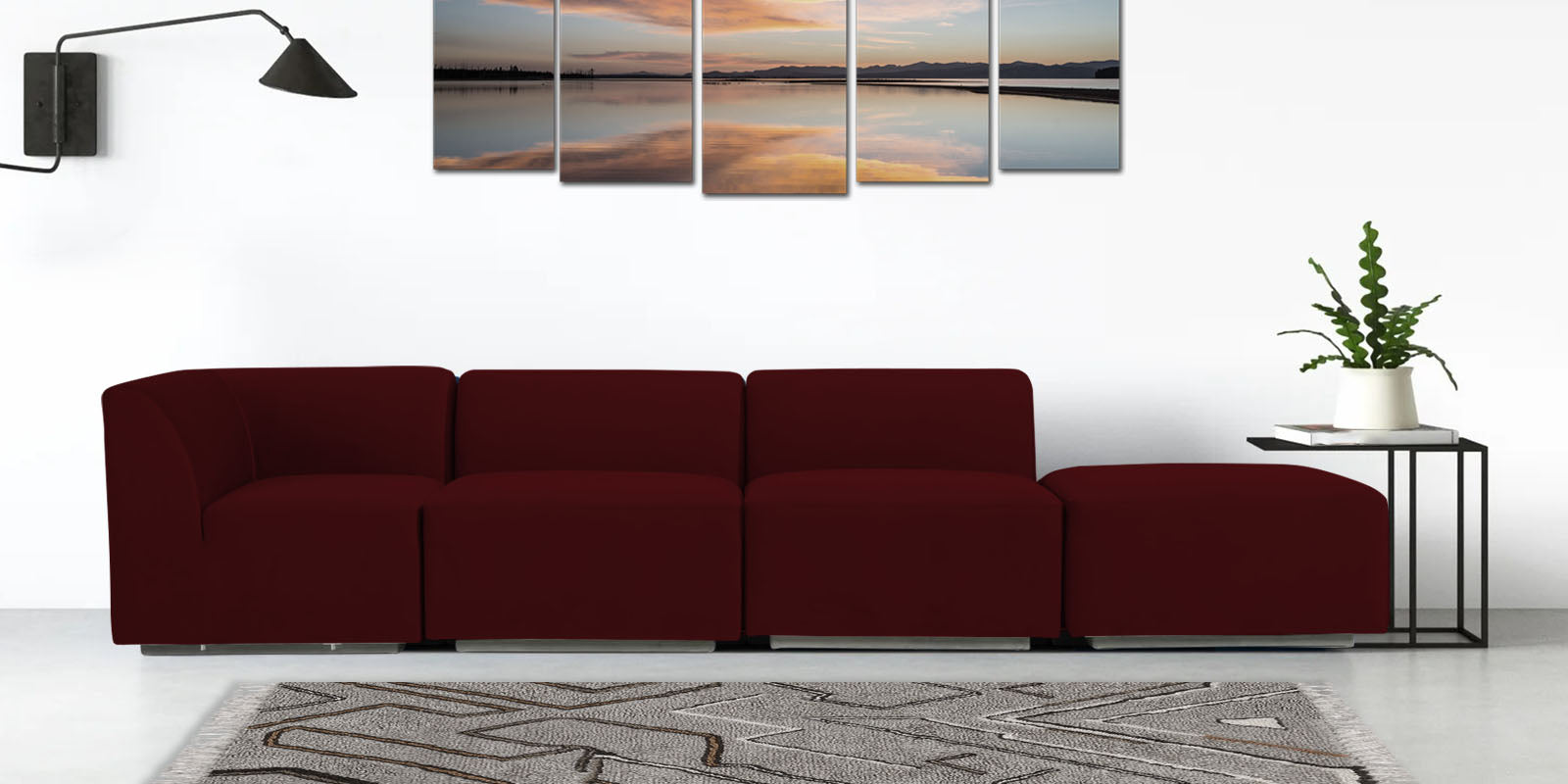 Bufa Velvet RHS Sectional Sofa In Dark Maroon Colour With Ottoman - Febonic Living