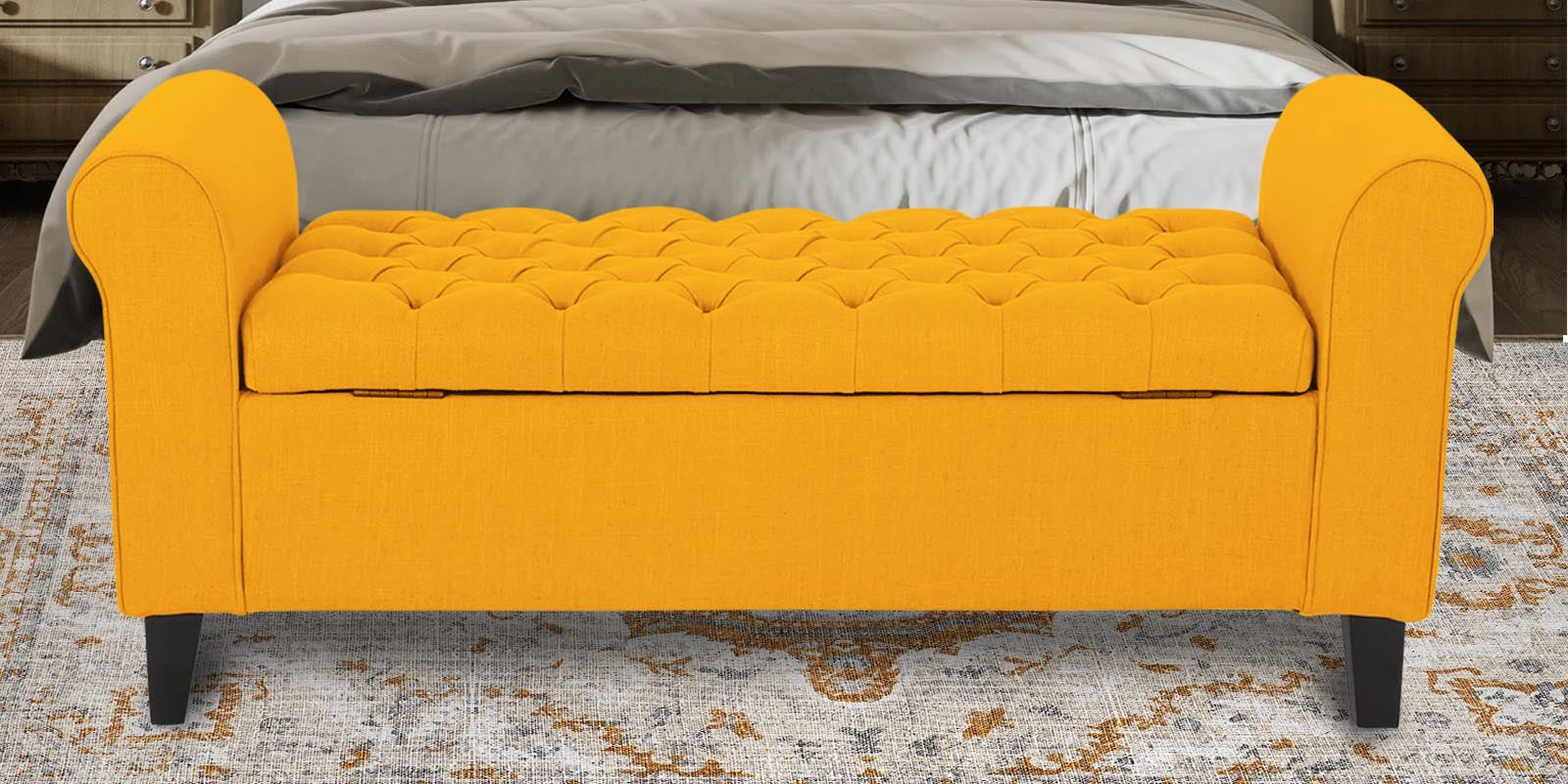 Nowia Fabric 2 Seater Recamier In Bold Yellow Colour With Storage - Febonic Living