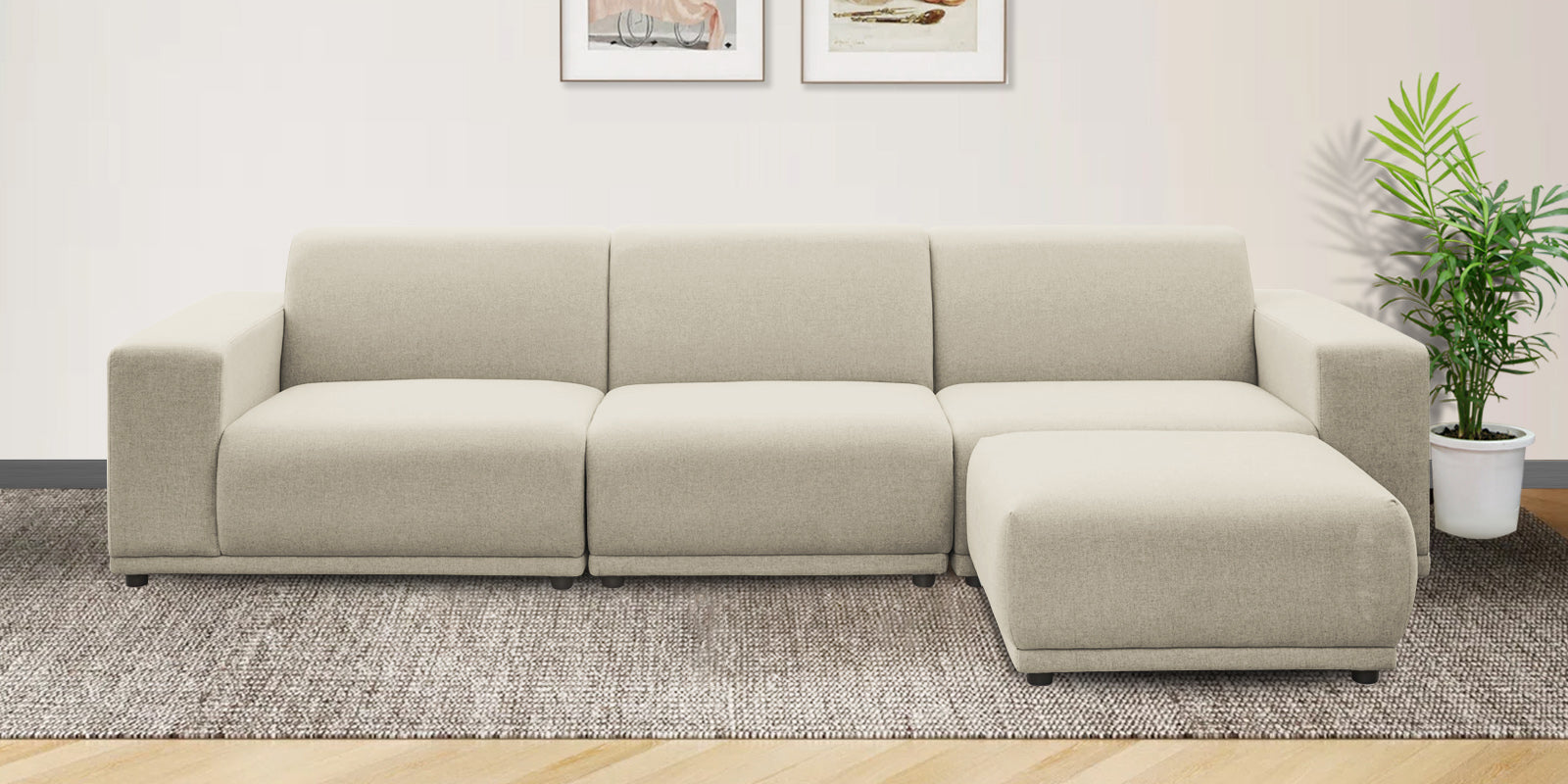 Adam Fabric RHS Sectional Sofa (3+Ottoman Lounger) In Ivory Cream Colour - Febonic Living