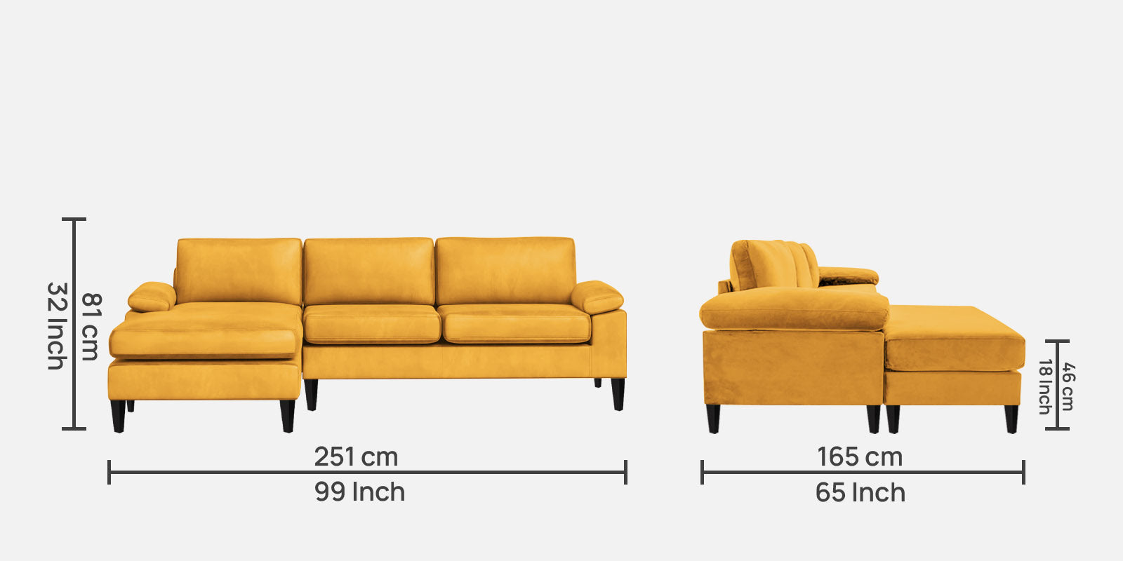 Vegas Velvet RHS Sectional Sofa (3+Lounger) In Turmeric yellow Colour - Febonic Living