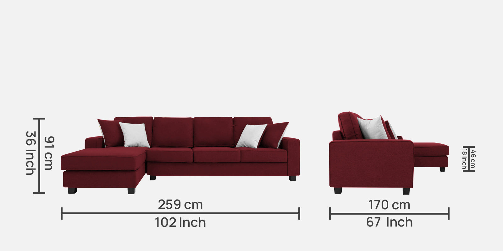 Ladybug Fabric RHS Sectional Sofa (3+Lounger) In Blood Maroon Colour - Febonic Living
