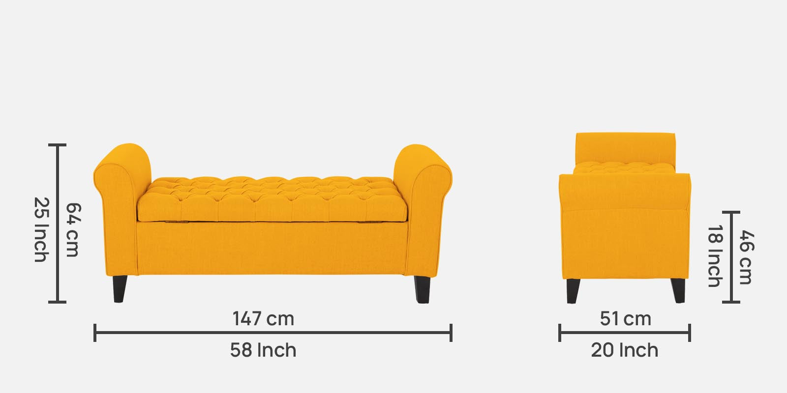 Nowia Fabric 3 Seater Recamier In Bold Yellow Colour With Storage - Febonic Living