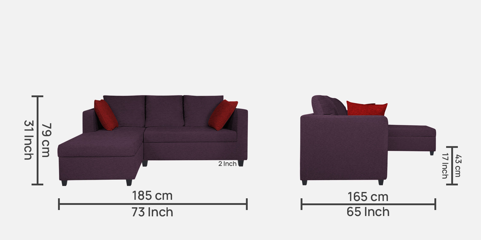 Nebula Fabric RHS Sectional Sofa (2+Lounger) In Greek Purple Colour - Febonic Living
