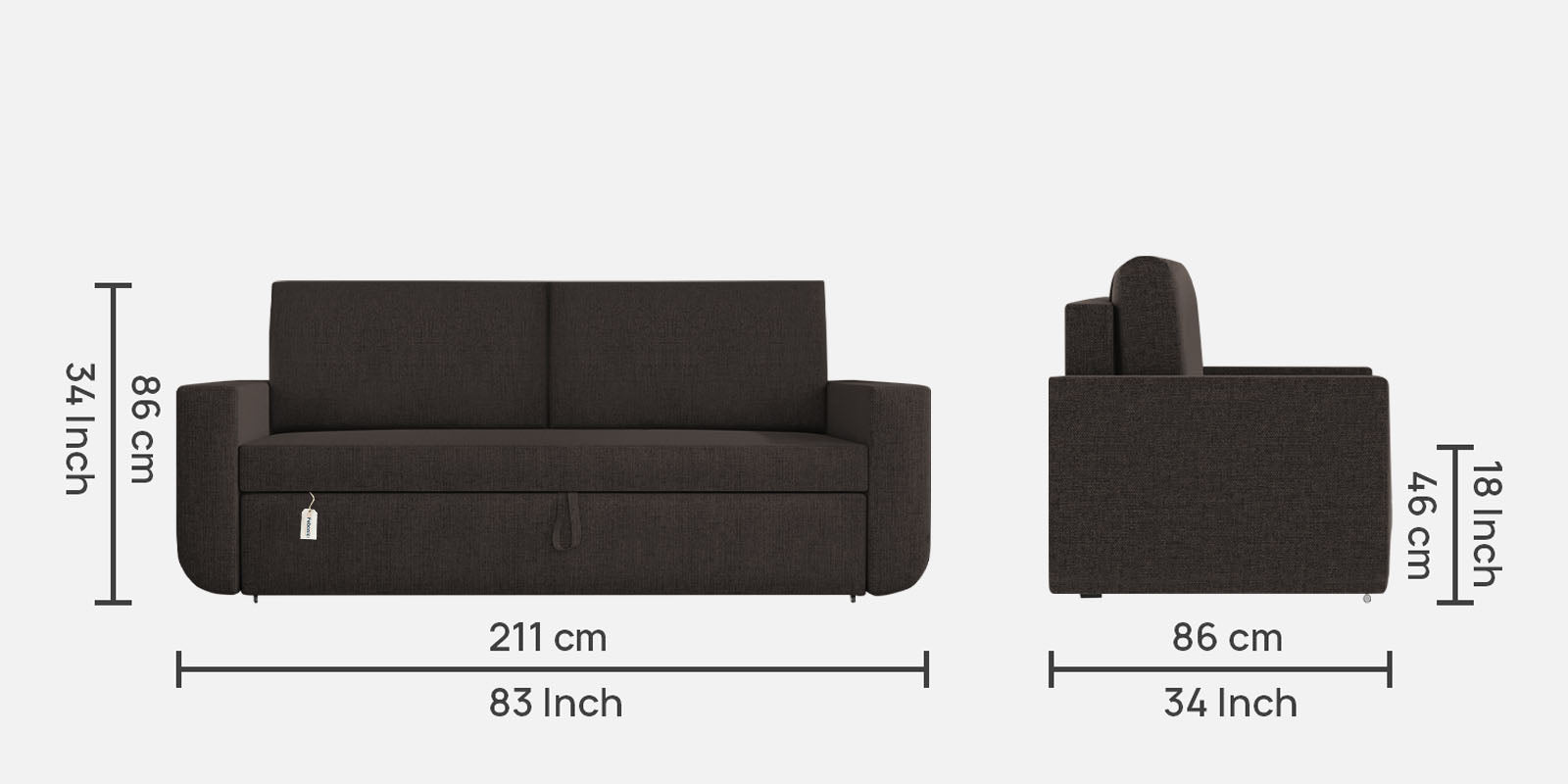 Grace Fabric 3 Seater Pull Out Sofa Cum Bed In Dark Brown Colour With Storage - Febonic Living