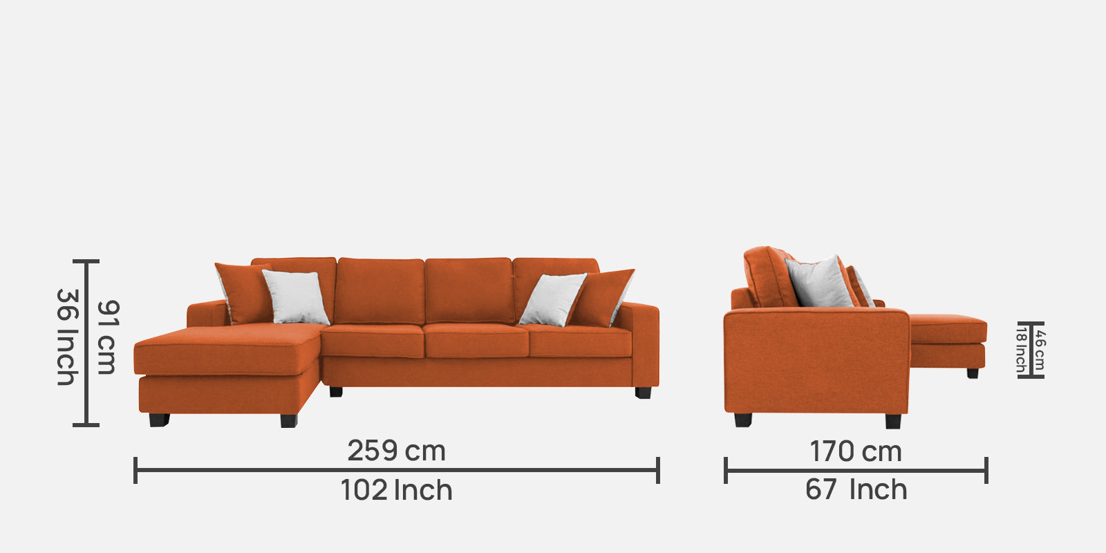 Ladybug Fabric RHS Sectional Sofa (3+Lounger) In Vivid Orange Colour - Febonic Living