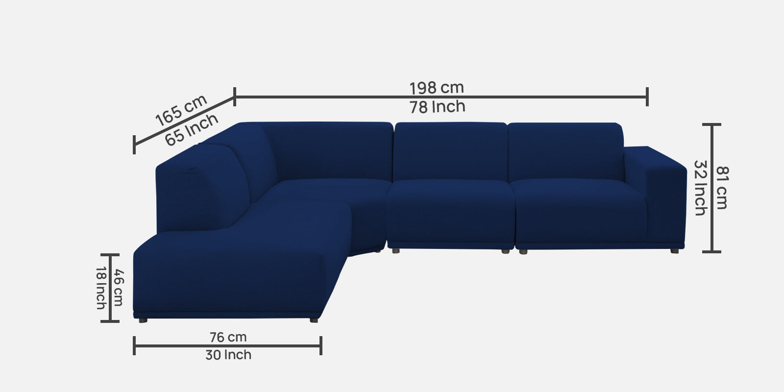 Adam Fabric RHS Sectional Sofa (3+Ottoman Lounger) In Royal Blue Colour - Febonic Living