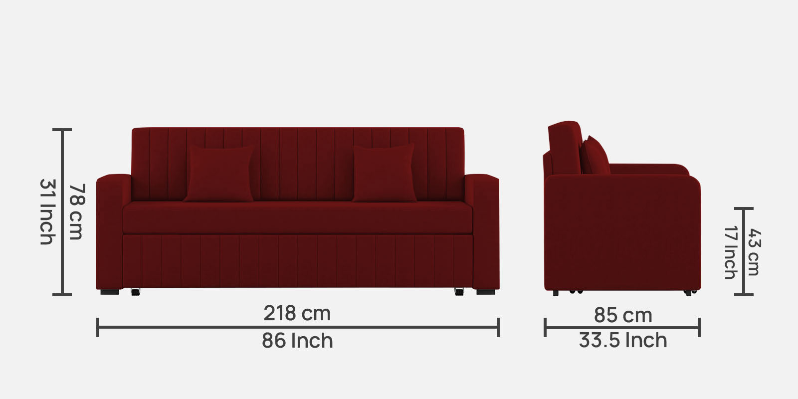 Calra Fabric 3 Seater Pull Out Sofa Cum Bed In Blood Maroon Colour With Storage - Febonic Living