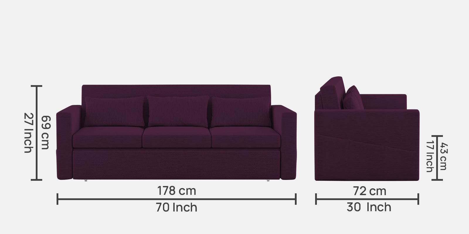 River Fabric 3 Seater Pull Out Sofa Cum Bed In Greek Purple Colour - Febonic Living