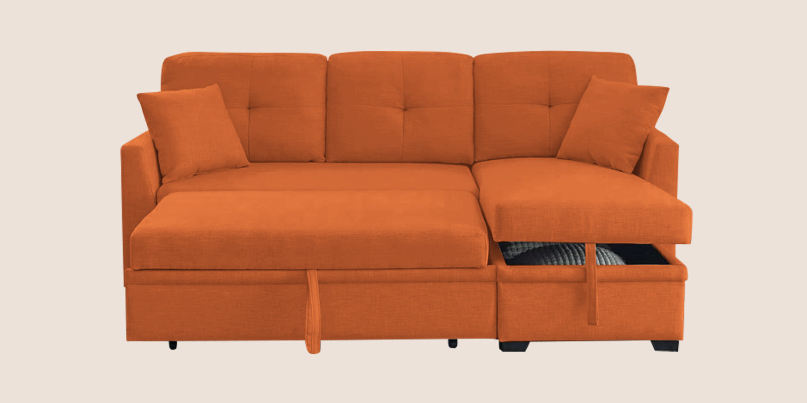 Jody Fabric 3 Seater Pull Out Sofa Cum Bed In Vivid Orange Colour With Storage - Febonic Living