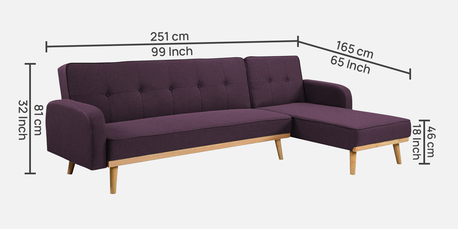 Zuno Fabric RHS Convertible Sofa Cum Bed In Greek Purple Colour - Febonic Living