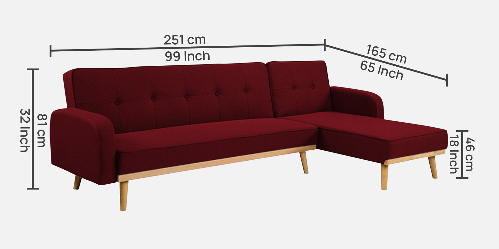 Zuno Fabric RHS Convertible Sofa Cum Bed In Ruby Red Colour - Febonic Living