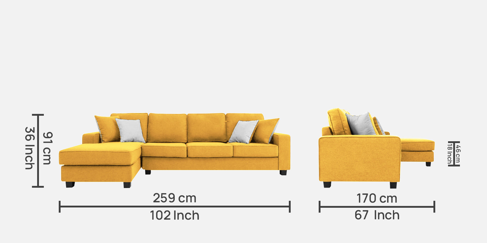 Ladybug Fabric RHS Sectional Sofa (3+Lounger) In Bold Yellow Colour - Febonic Living