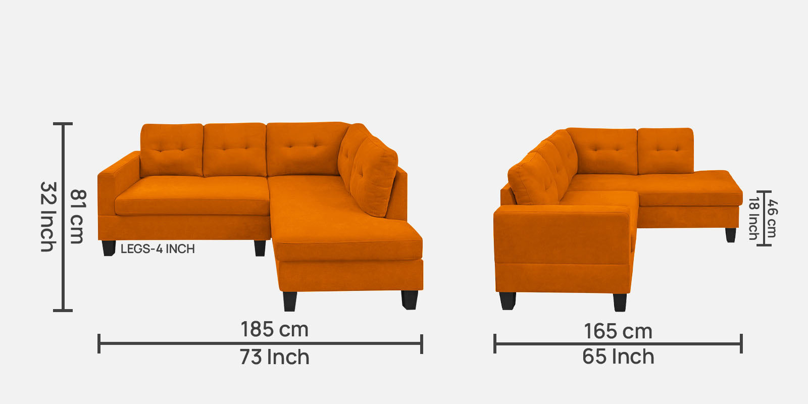Thomas Fabric LHS Sectional Sofa (2+Lounger) In Vivid Orange Colour - Febonic Living