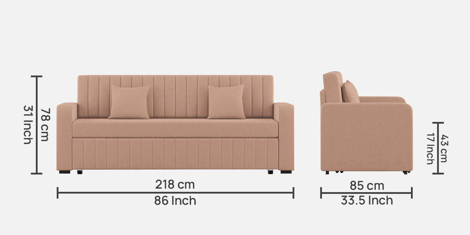 Calra Fabric 3 Seater Pull Out Sofa Cum Bed In Cosmic Beige Colour With Storage - Febonic Living
