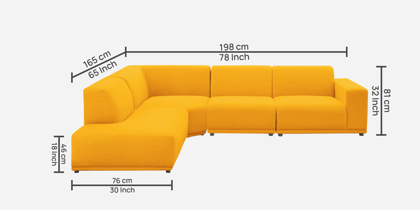 Adam Fabric LHS Sectional Sofa (3+Ottoman Lounger) In Bold Yellow Colour - Febonic Living
