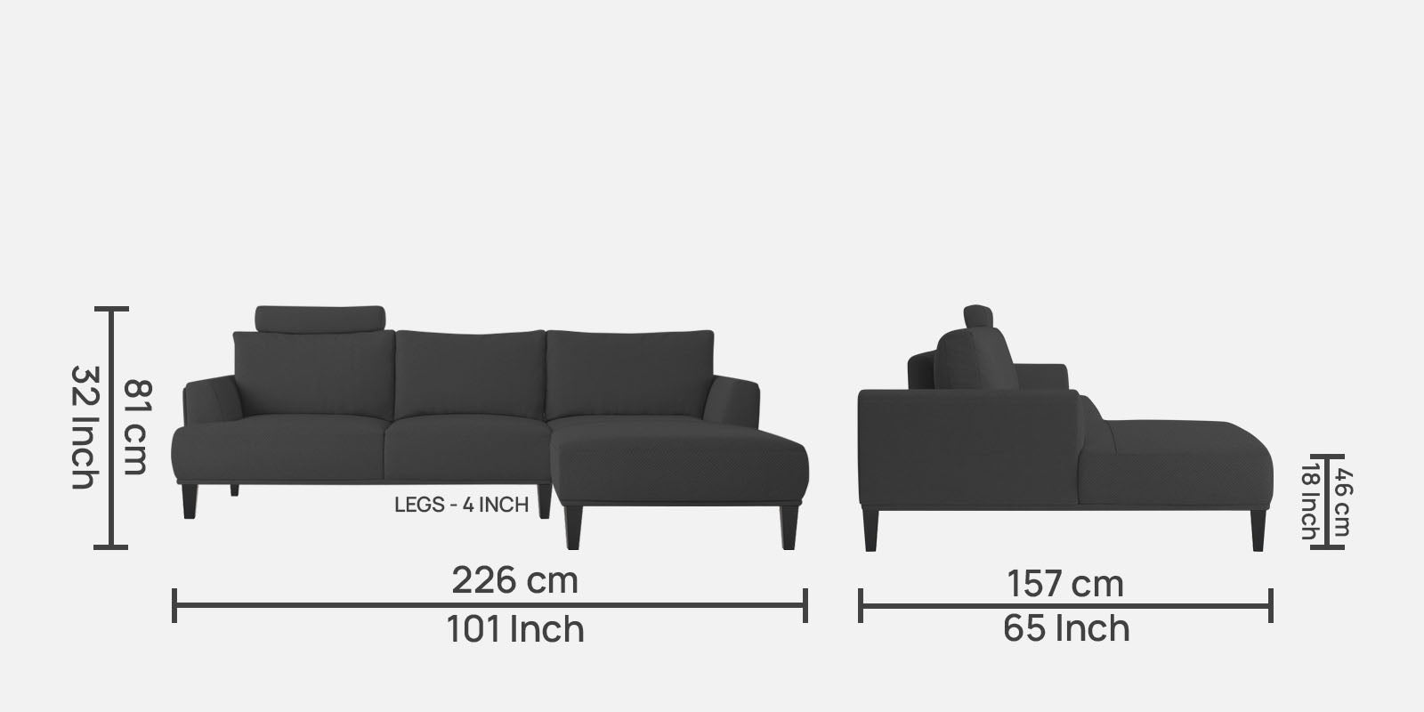 Como Fabric LHS Sectional Sofa (3+Lounger) In Charcoal Grey Colour - Febonic Living