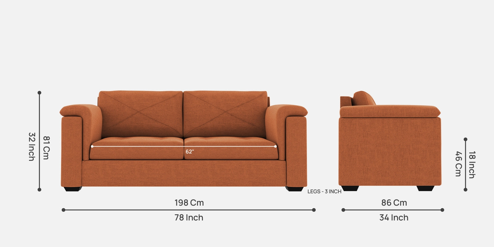 Andres Fabric 3 Seater Sofa In Safforn Orange Colour - Febonic Living