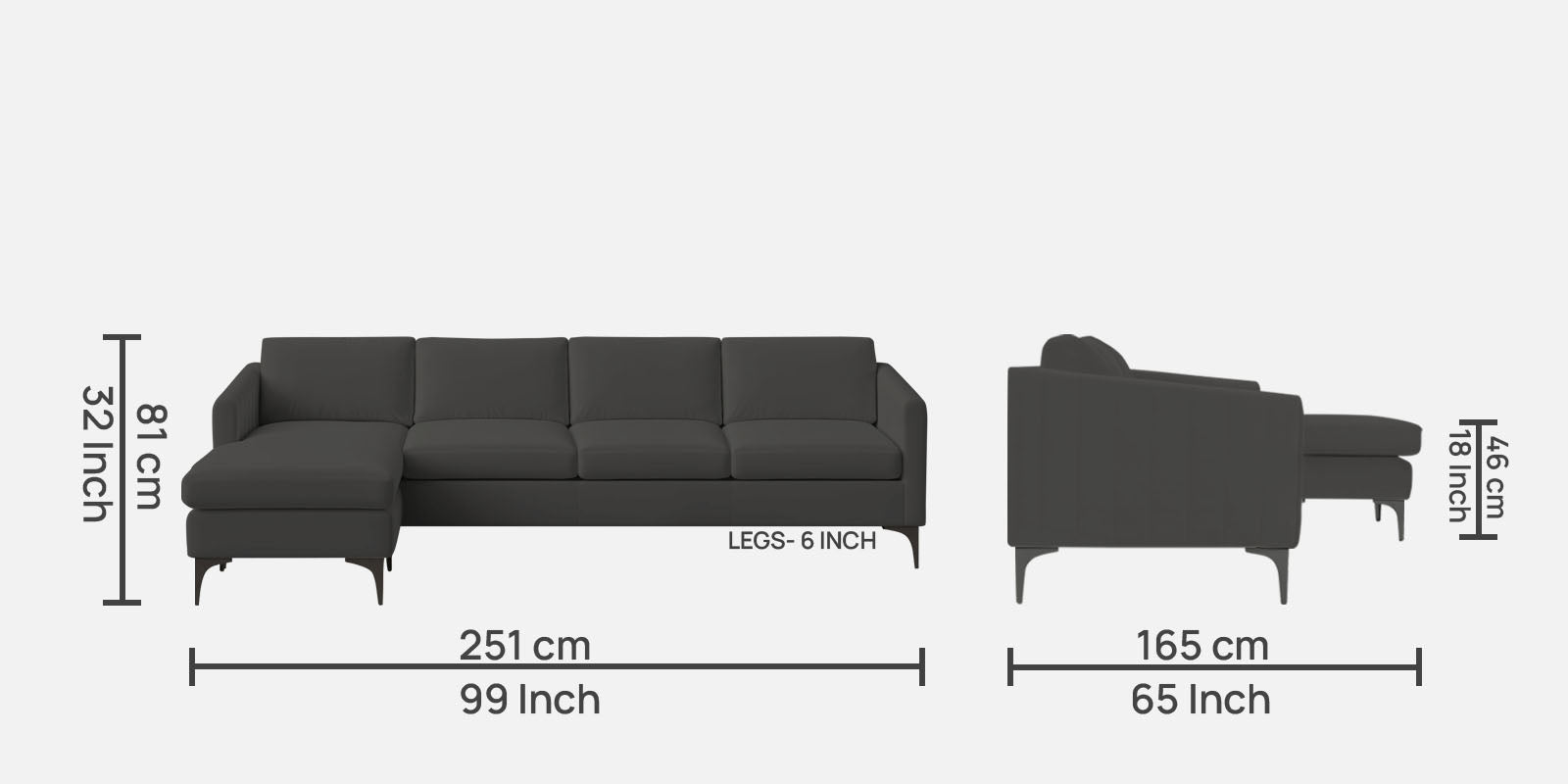 Haru Fabric RHS Sectional Sofa (3+Lounger) In Hory Grey Colour - Febonic Living