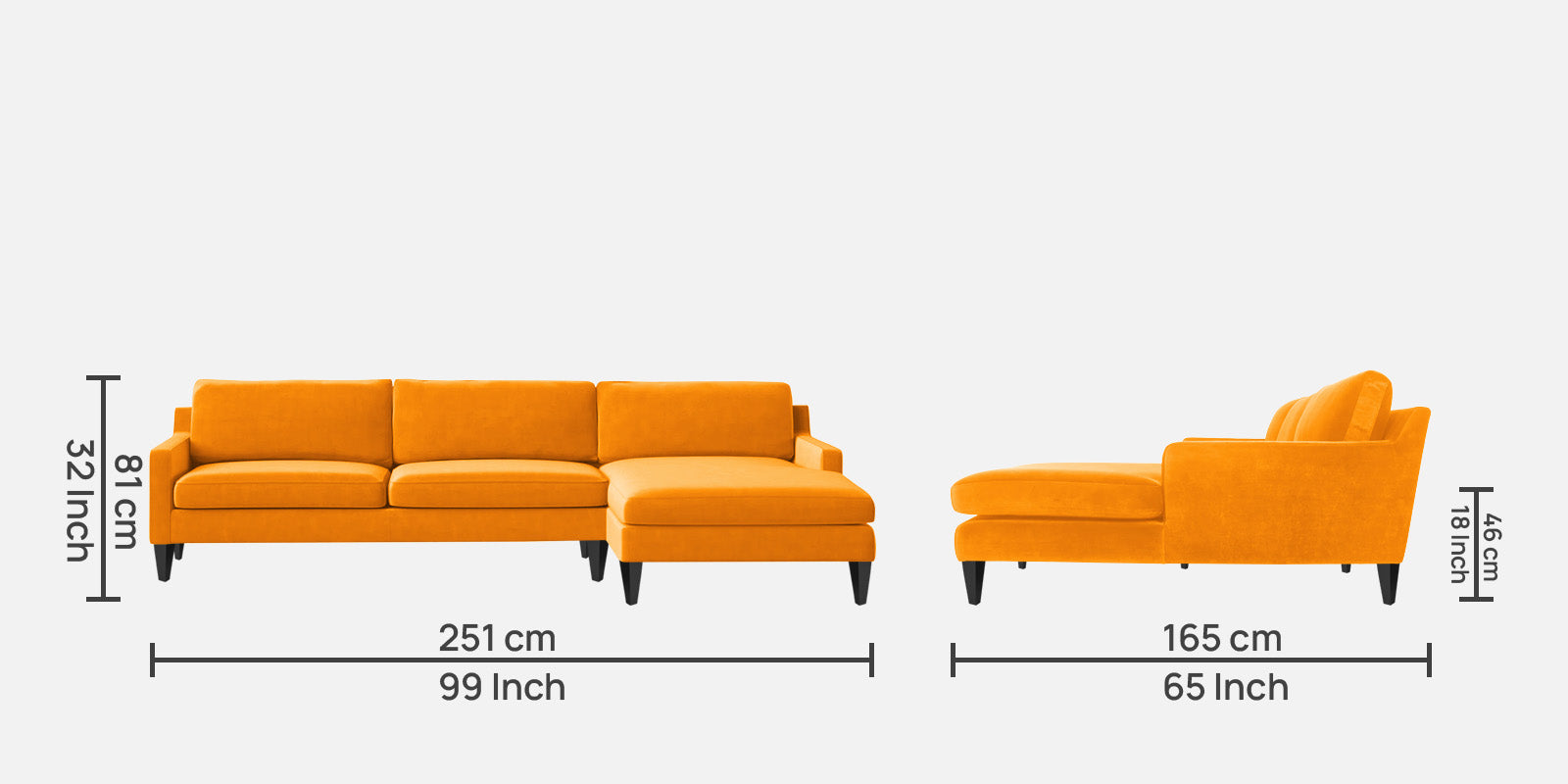 Jones Velvet LHS Sectional Sofa (3+Lounger) In Saffron yellow Colour - Febonic Living