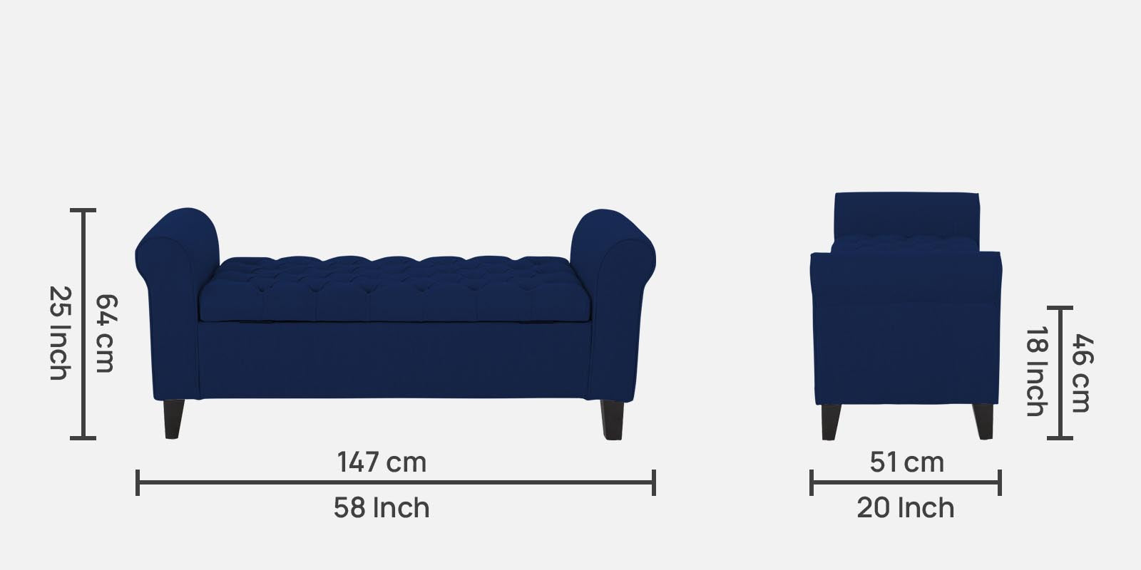 Nowia Fabric 3 Seater Recamier In Royal Blue Colour With Storage - Febonic Living
