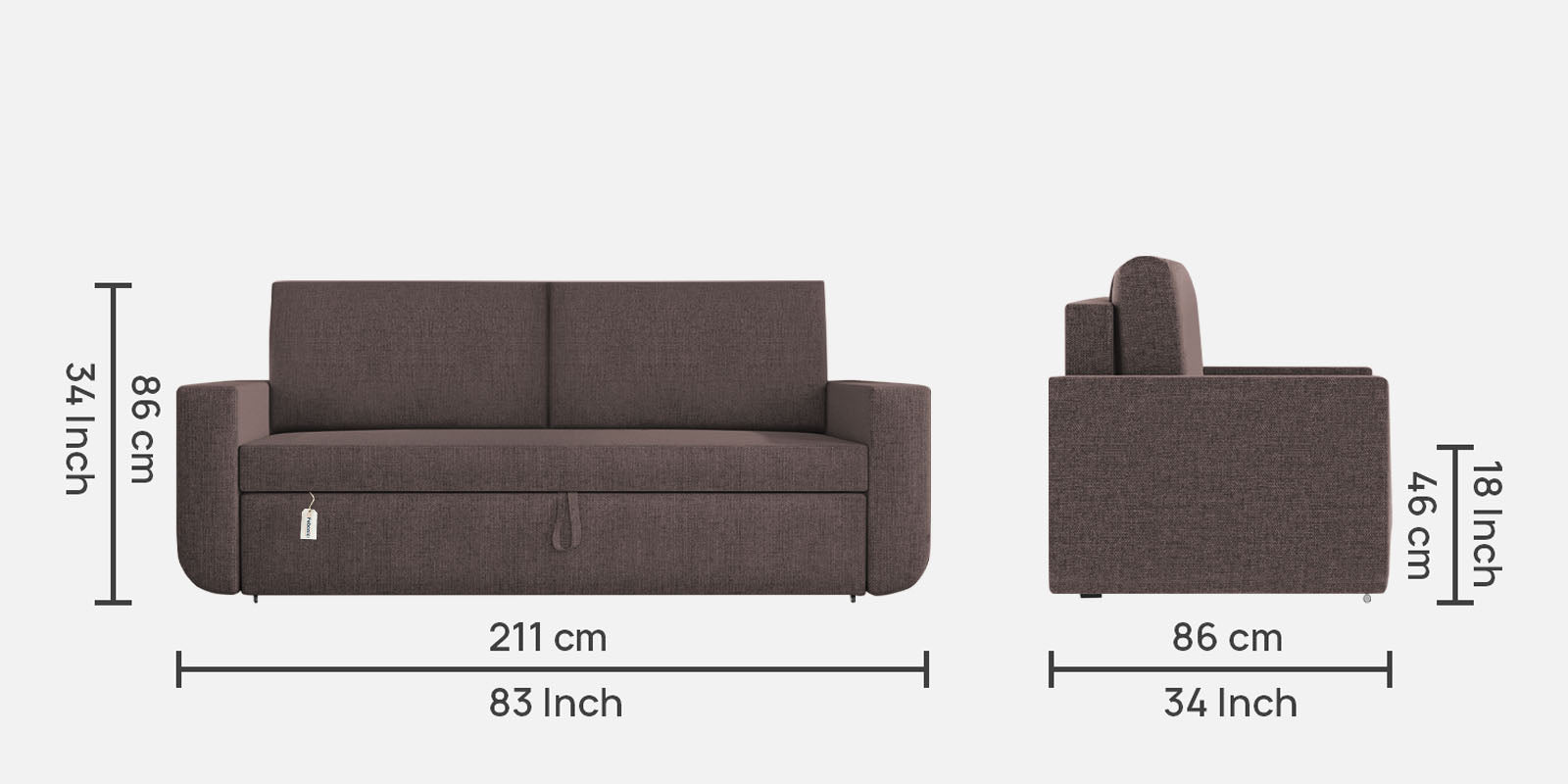 Grace Fabric 3 Seater Pull Out Sofa Cum Bed In Caspa Brown Colour With Storage - Febonic Living