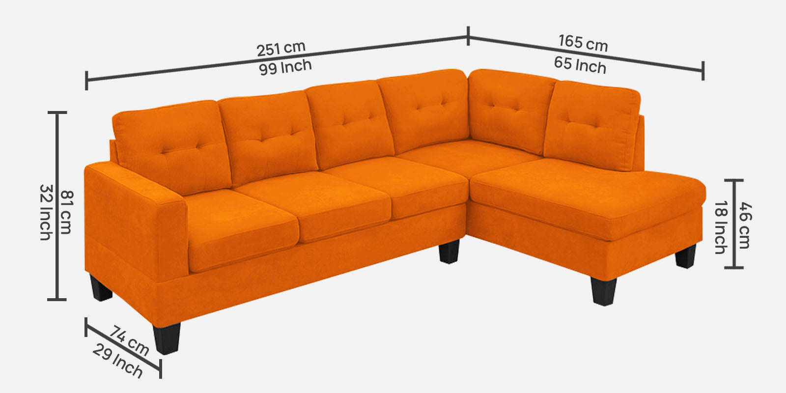 Thomas Fabric LHS Sectional Sofa (3+Lounger) In Vivid Orange Colour - Febonic Living