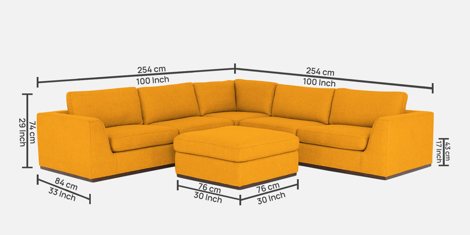 Freedom Velvet 6 Seater LHS Corner Sofa In Safforn Yellow Colour With Ottoman - Febonic Living