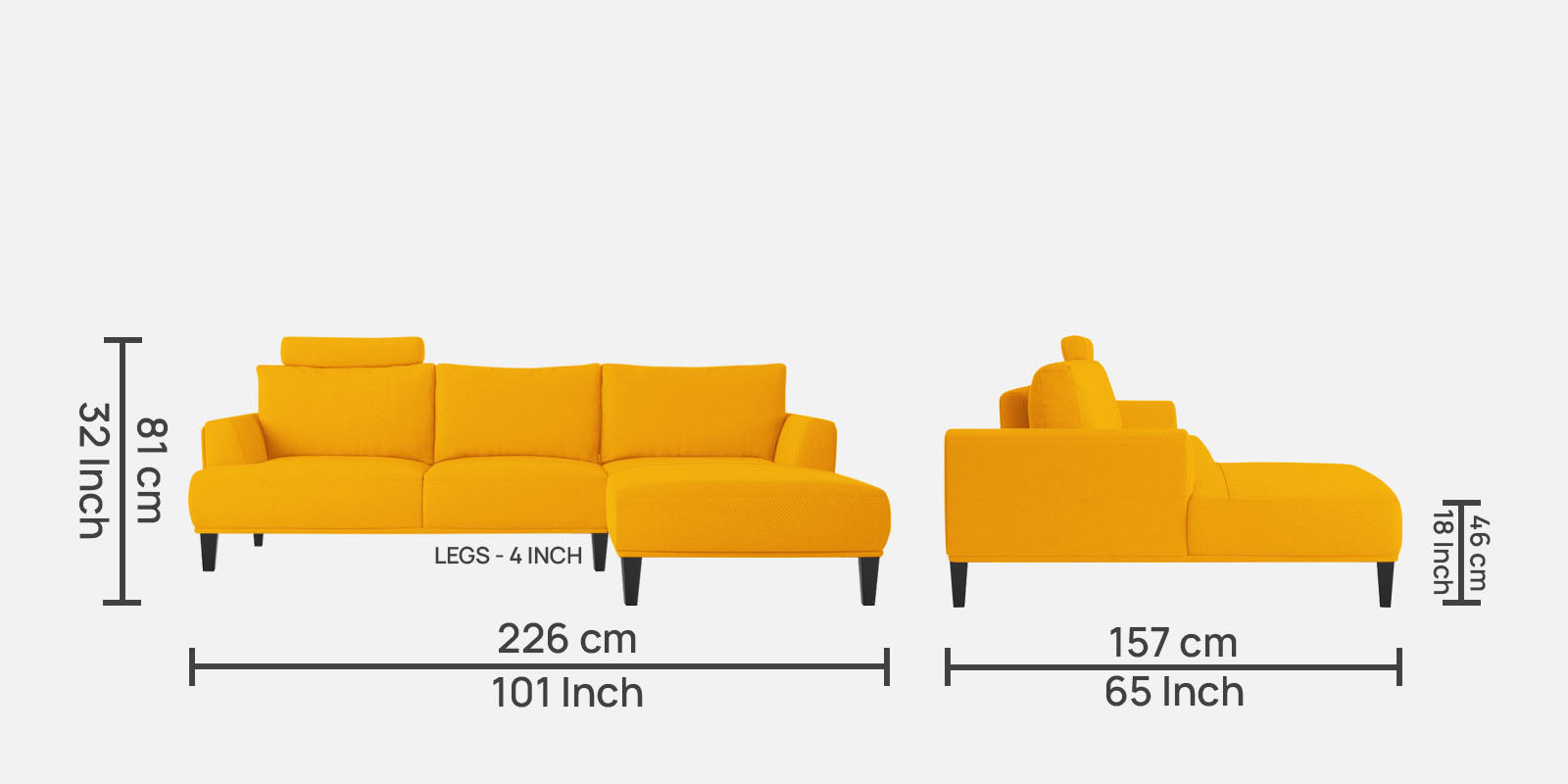 Como Fabric LHS Sectional Sofa (3+Lounger) In Bold Yellow Colour - Febonic Living