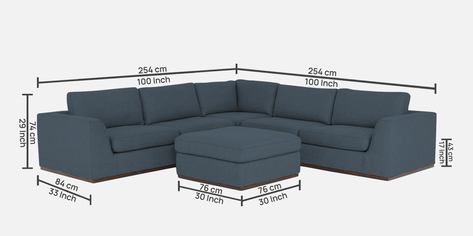 Freedom Velvet 6 Seater LHS Corner Sofa In Oxford Blue Colour With Ottoman - Febonic Living