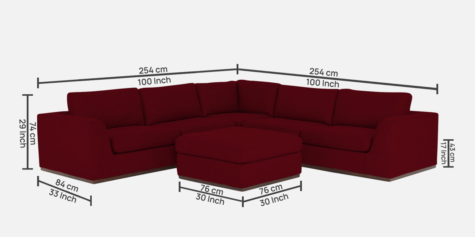 Freedom Velvet 6 Seater LHS Corner Sofa In Cherry Red Colour With Ottoman - Febonic Living