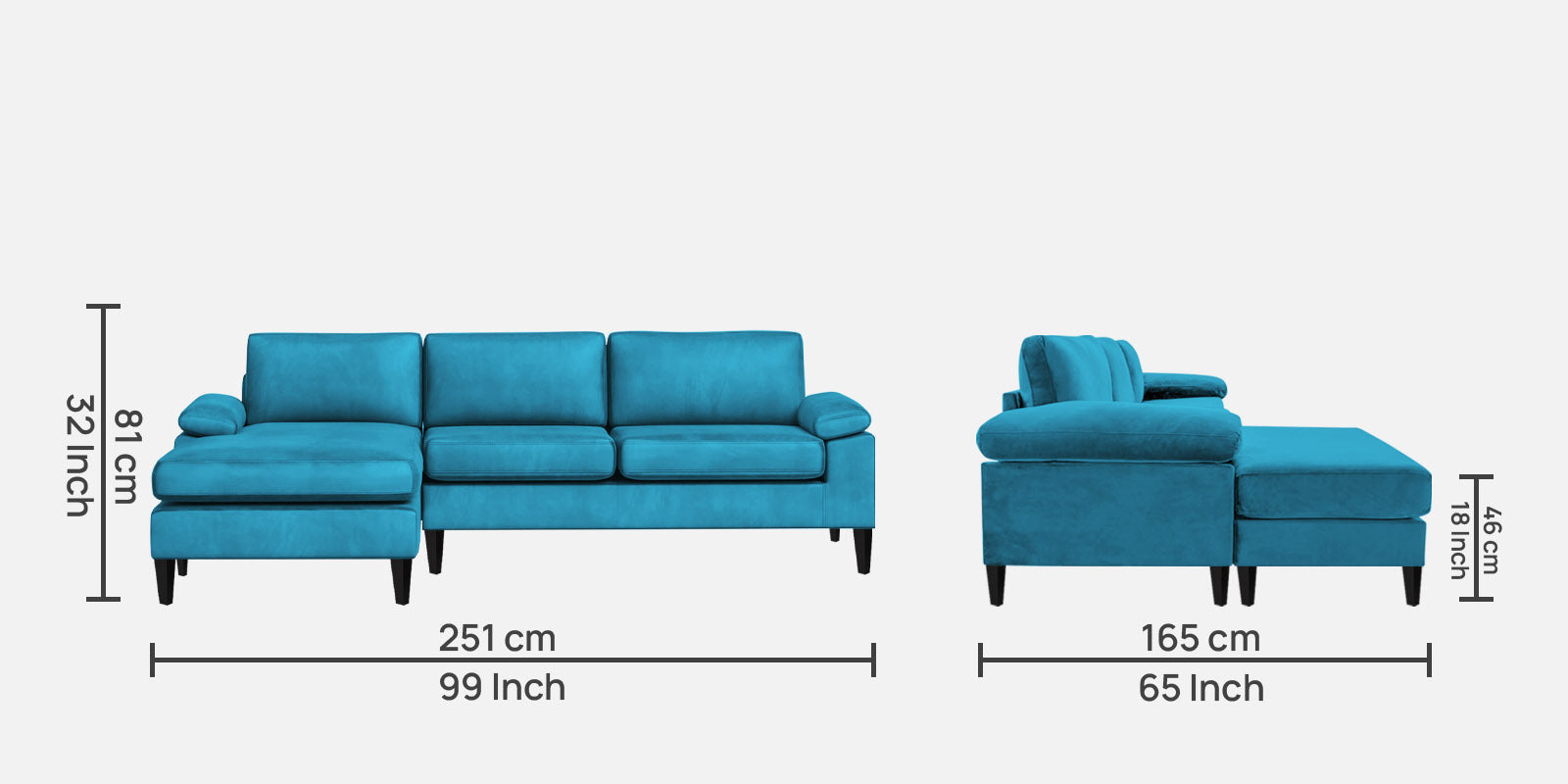 Vegas Velvet RHS Sectional Sofa (3+Lounger) In Aqua blue Colour - Febonic Living